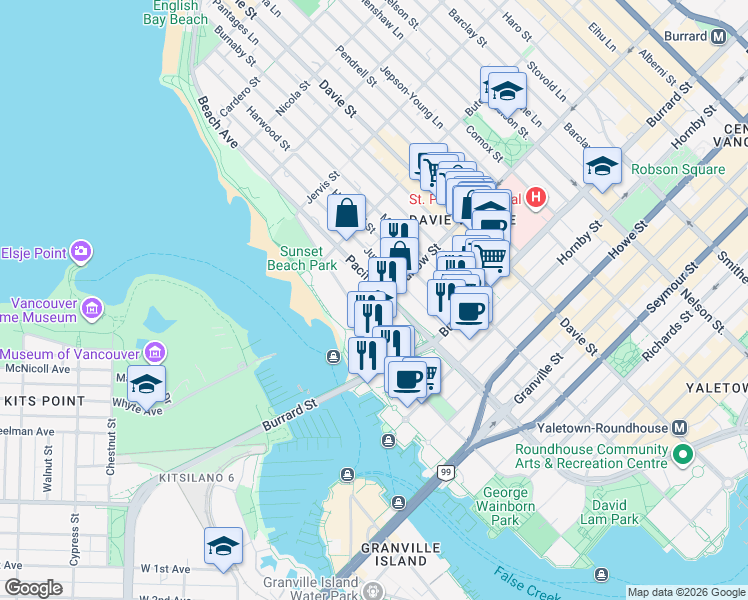map of restaurants, bars, coffee shops, grocery stores, and more near 1489 Thurlow Street in Vancouver