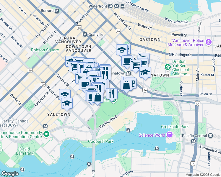 map of restaurants, bars, coffee shops, grocery stores, and more near 730 Beatty Street in Vancouver