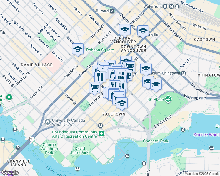 map of restaurants, bars, coffee shops, grocery stores, and more near 978 Richards Street in Vancouver
