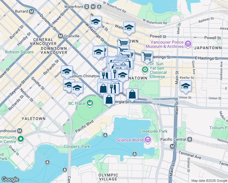 map of restaurants, bars, coffee shops, grocery stores, and more near 97 West Georgia Street in Vancouver