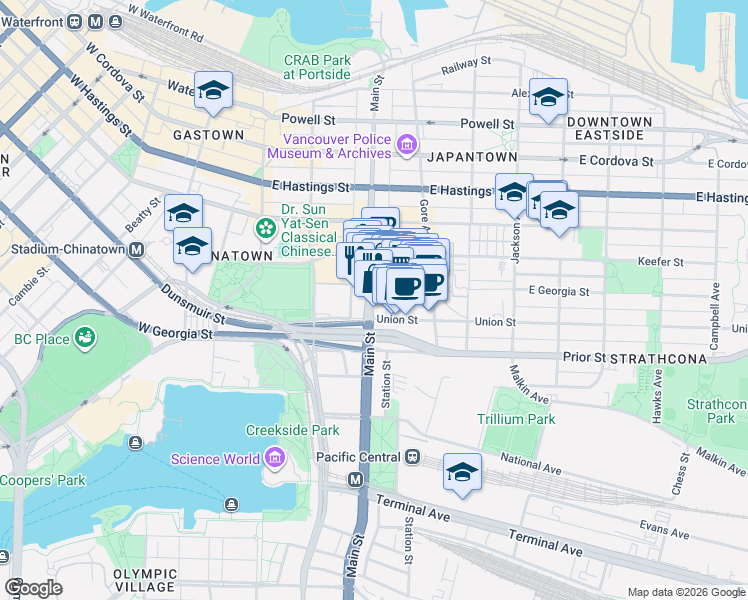 map of restaurants, bars, coffee shops, grocery stores, and more near 708 Main Street in Vancouver