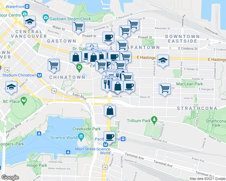 map of restaurants, bars, coffee shops, grocery stores, and more near in Vancouver