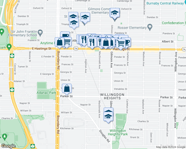 map of restaurants, bars, coffee shops, grocery stores, and more near 3940 Georgia Street in Burnaby
