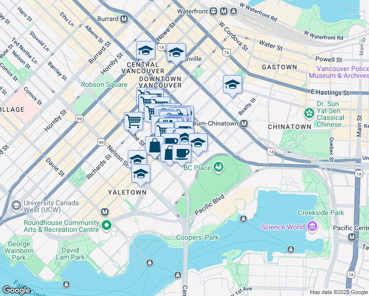 map of restaurants, bars, coffee shops, grocery stores, and more near 801 Cambie Street in Vancouver