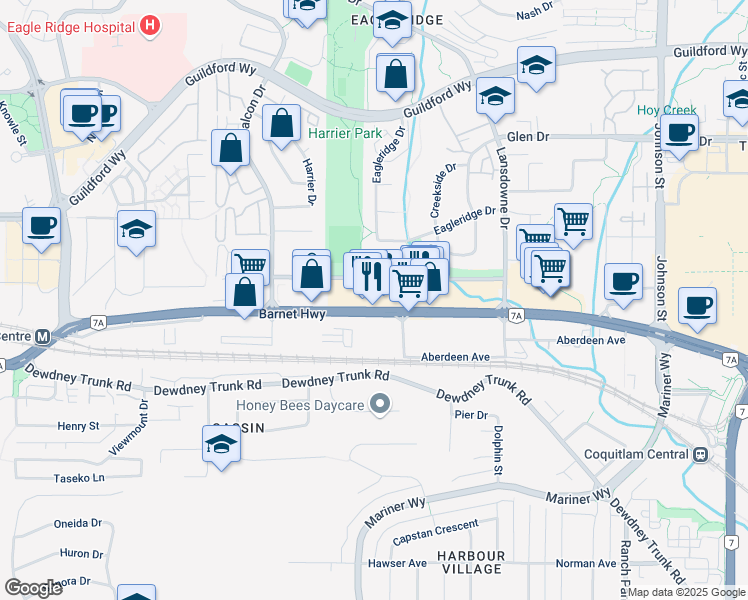 map of restaurants, bars, coffee shops, grocery stores, and more near 2635 Barnet Highway in Coquitlam