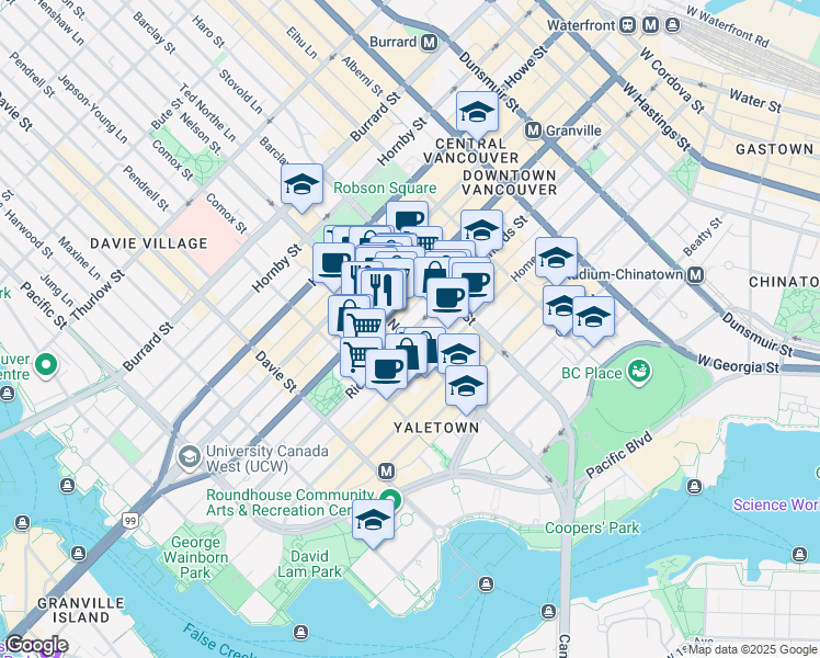 map of restaurants, bars, coffee shops, grocery stores, and more near 989 Richards Street in Vancouver