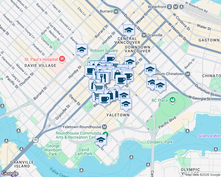 map of restaurants, bars, coffee shops, grocery stores, and more near 989 Richards Street in Vancouver