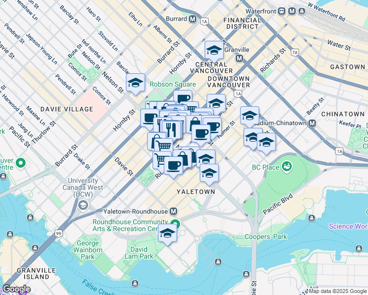map of restaurants, bars, coffee shops, grocery stores, and more near in Vancouver