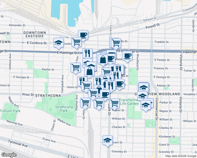 map of restaurants, bars, coffee shops, grocery stores, and more near 726 Vernon Drive in Vancouver