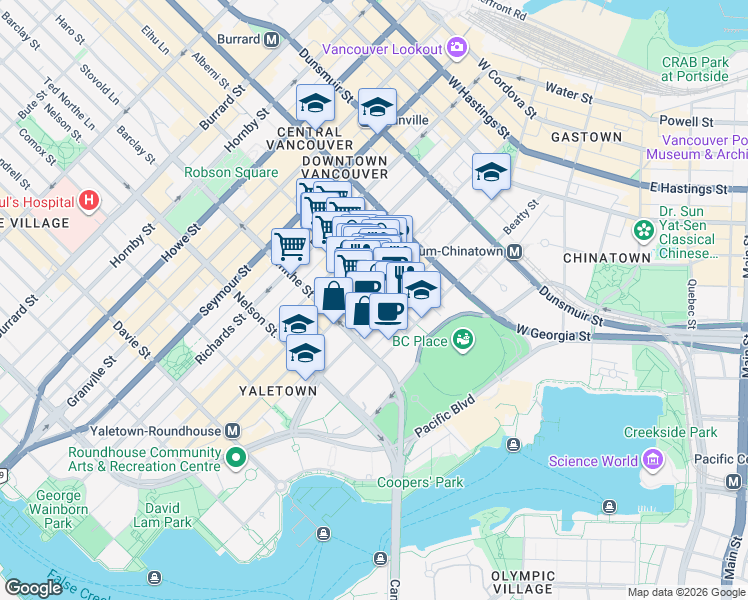 map of restaurants, bars, coffee shops, grocery stores, and more near 821 Cambie Street in Vancouver