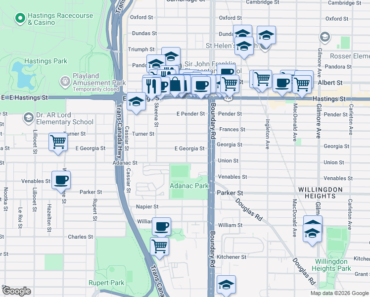 map of restaurants, bars, coffee shops, grocery stores, and more near 3600 East Georgia Street in Vancouver