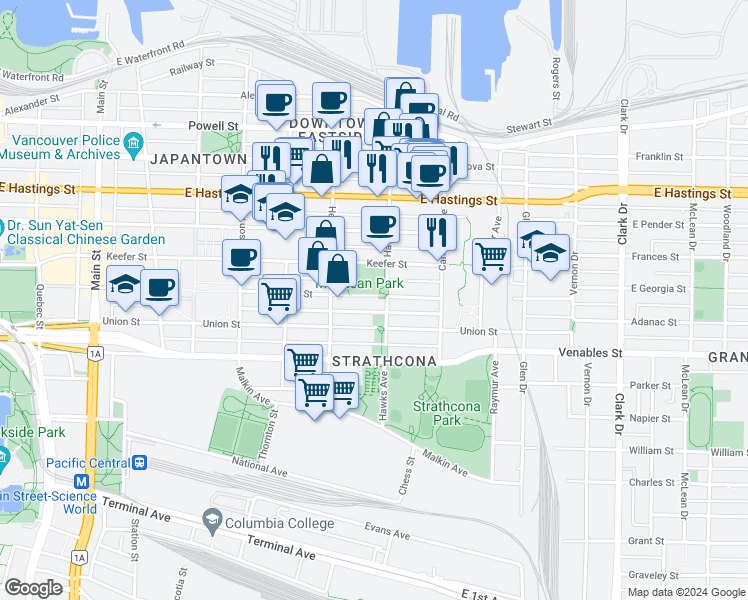 map of restaurants, bars, coffee shops, grocery stores, and more near 782 Georgia Street in Vancouver