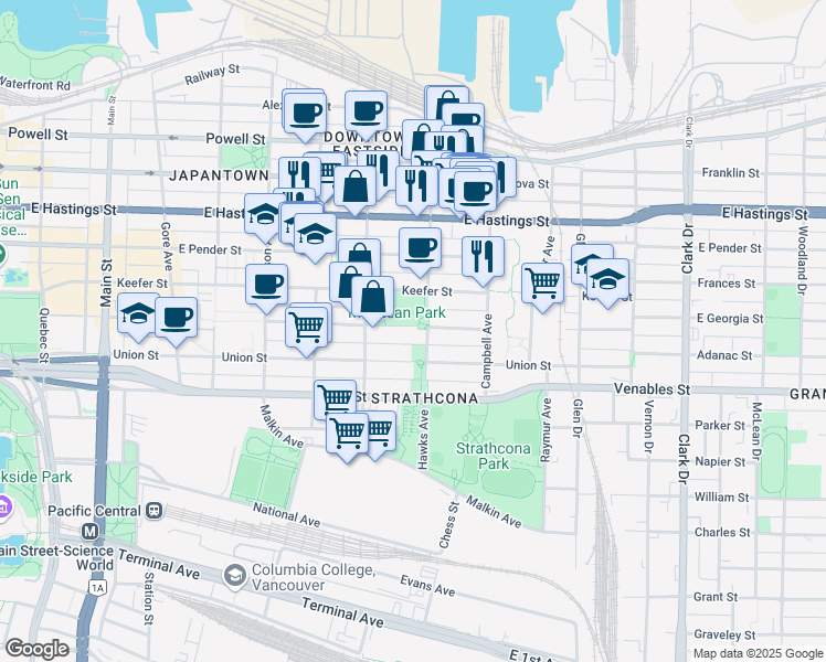 map of restaurants, bars, coffee shops, grocery stores, and more near 782 Georgia Street in Vancouver