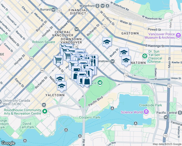 map of restaurants, bars, coffee shops, grocery stores, and more near 773 Beatty Street in Vancouver