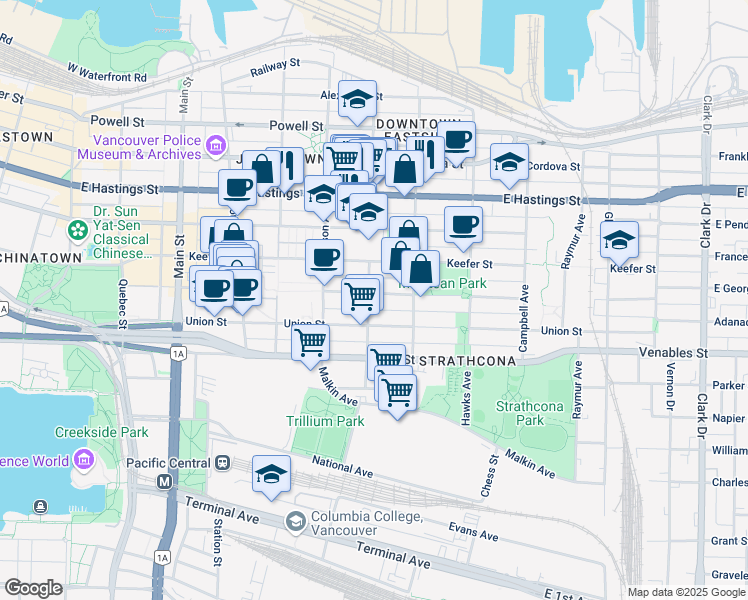 map of restaurants, bars, coffee shops, grocery stores, and more near 700 Princess Avenue in Vancouver