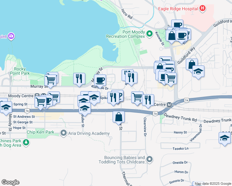 map of restaurants, bars, coffee shops, grocery stores, and more near 301 Klahanie Drive in Port Moody
