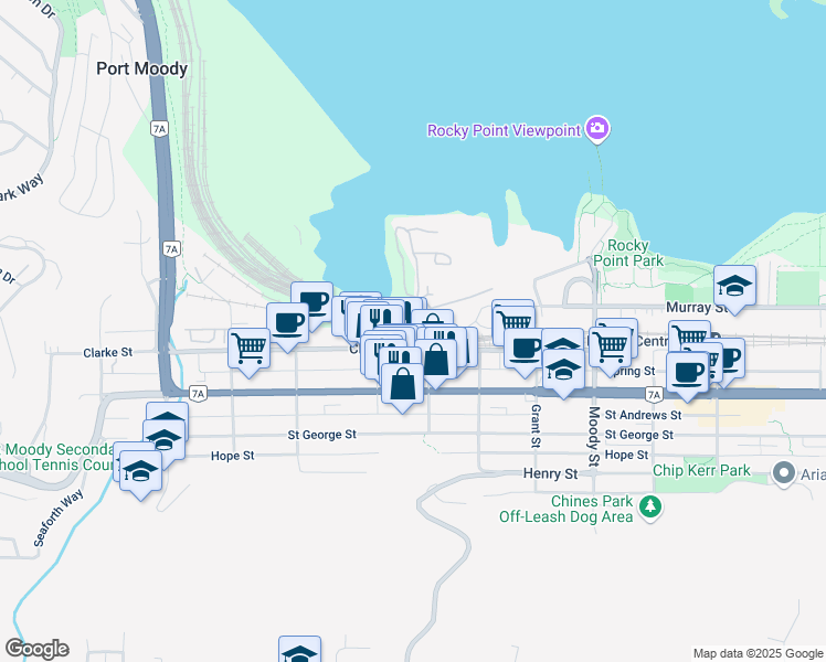 map of restaurants, bars, coffee shops, grocery stores, and more near 2421B Columbia Street in Port Moody