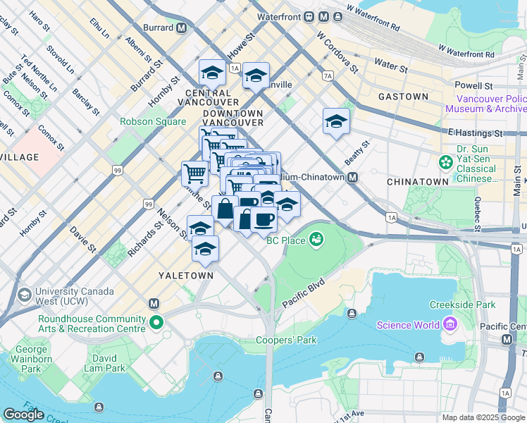 map of restaurants, bars, coffee shops, grocery stores, and more near 805 Cambie Street in Vancouver