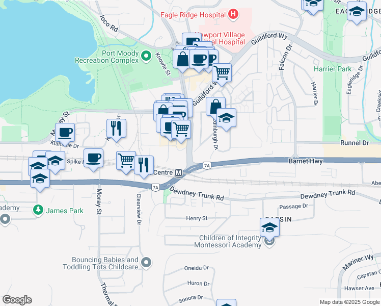 map of restaurants, bars, coffee shops, grocery stores, and more near 11 Ioco Road in Port Moody