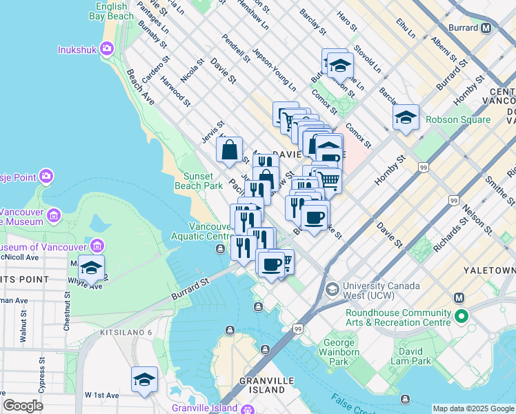 map of restaurants, bars, coffee shops, grocery stores, and more near Pacific St & Thurlow St in Vancouver