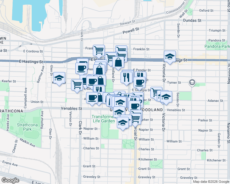map of restaurants, bars, coffee shops, grocery stores, and more near 708 Woodland Drive in Vancouver