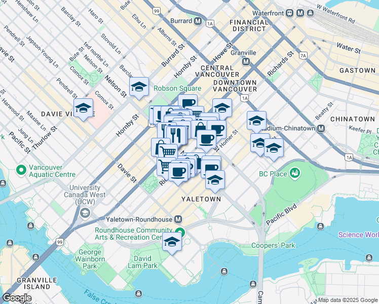 map of restaurants, bars, coffee shops, grocery stores, and more near in Vancouver