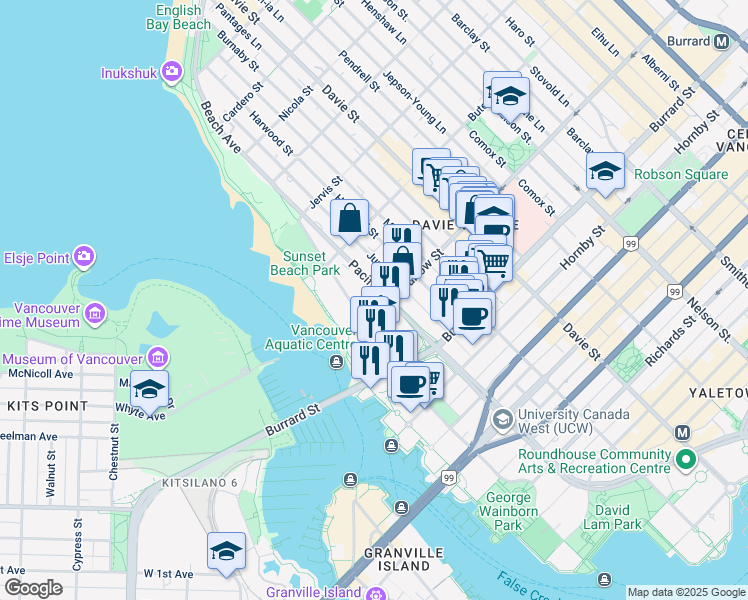 map of restaurants, bars, coffee shops, grocery stores, and more near in Vancouver