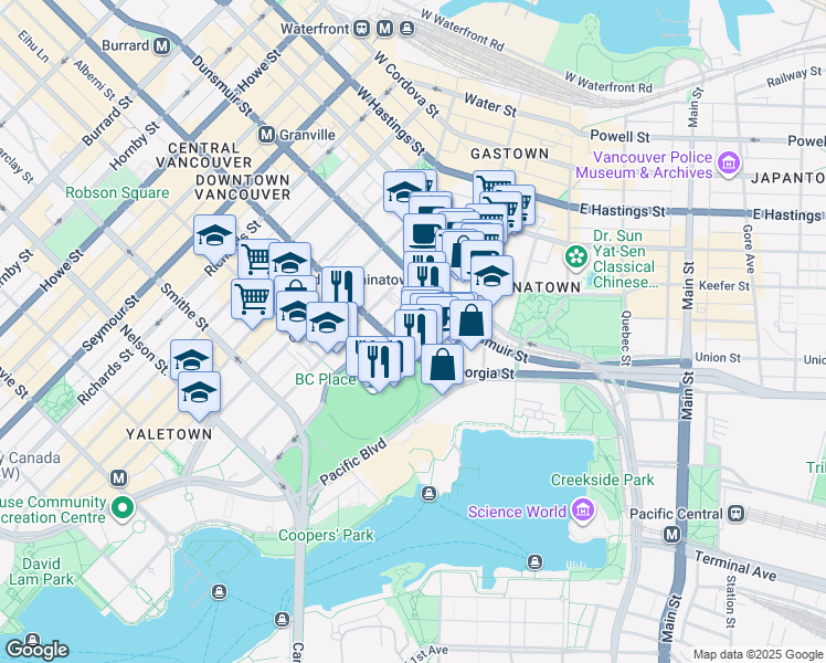 map of restaurants, bars, coffee shops, grocery stores, and more near 111 West Georgia Street in Vancouver