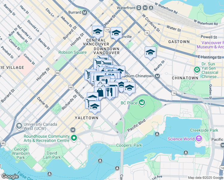 map of restaurants, bars, coffee shops, grocery stores, and more near 838 Hamilton Street in Vancouver