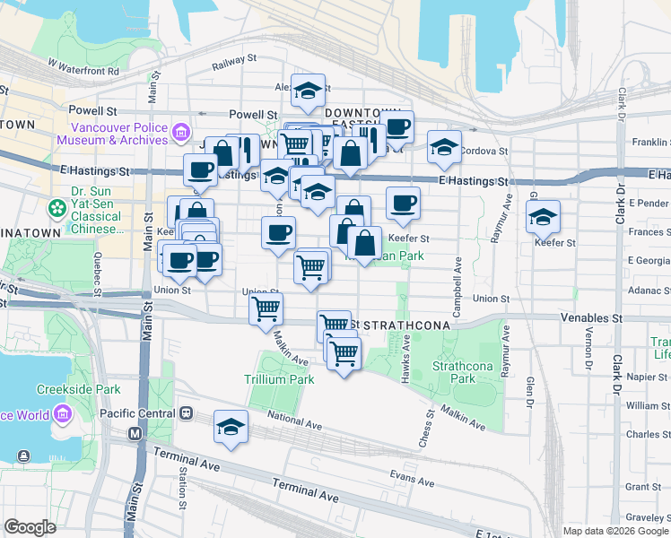 map of restaurants, bars, coffee shops, grocery stores, and more near 634 East Georgia Street in Vancouver
