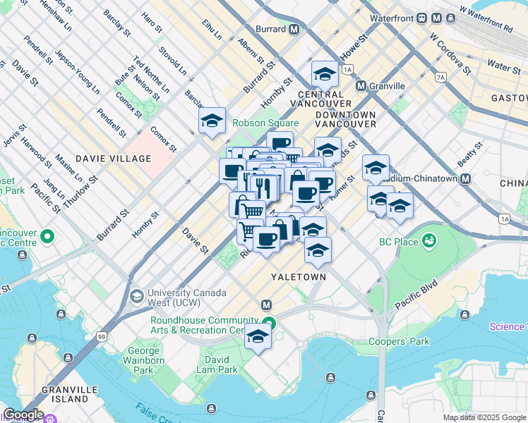 map of restaurants, bars, coffee shops, grocery stores, and more near in Vancouver