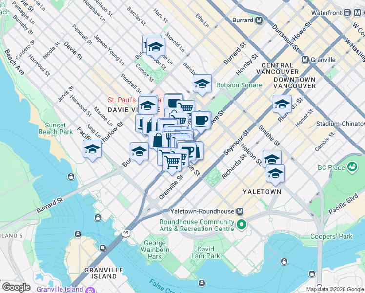 map of restaurants, bars, coffee shops, grocery stores, and more near 1189 Howe Street in Vancouver
