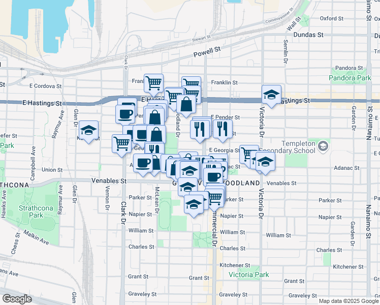 map of restaurants, bars, coffee shops, grocery stores, and more near 1642 East Georgia Street in Vancouver