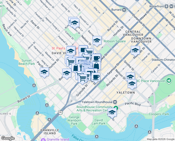 map of restaurants, bars, coffee shops, grocery stores, and more near 1189 Howe Street in Vancouver