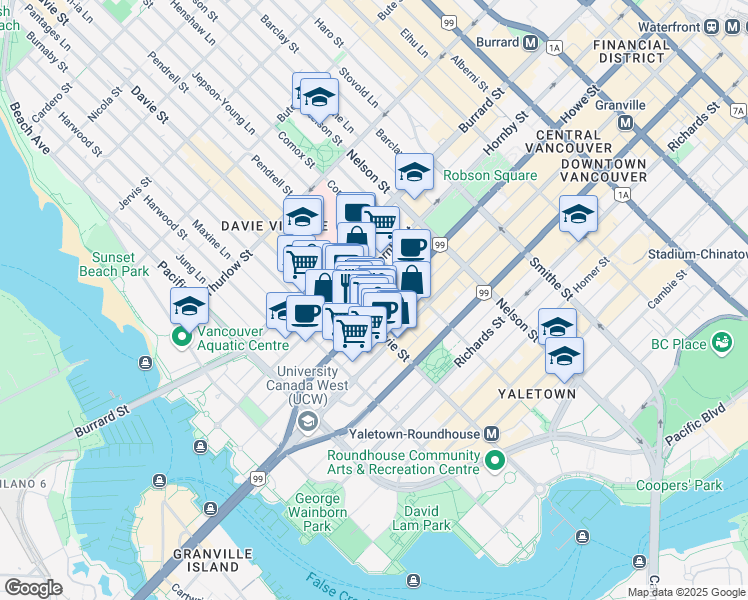 map of restaurants, bars, coffee shops, grocery stores, and more near 1189 Howe Street in Vancouver