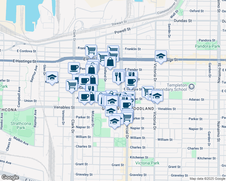 map of restaurants, bars, coffee shops, grocery stores, and more near 1644 East Georgia Street in Vancouver
