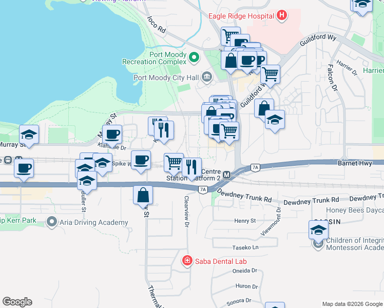 map of restaurants, bars, coffee shops, grocery stores, and more near 301 Capilano Road in Port Moody