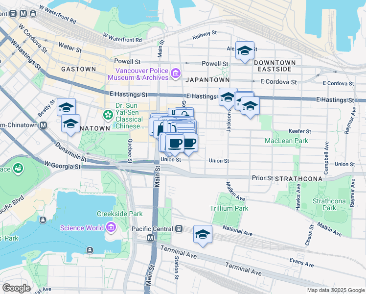 map of restaurants, bars, coffee shops, grocery stores, and more near 288 East Georgia Street in Vancouver