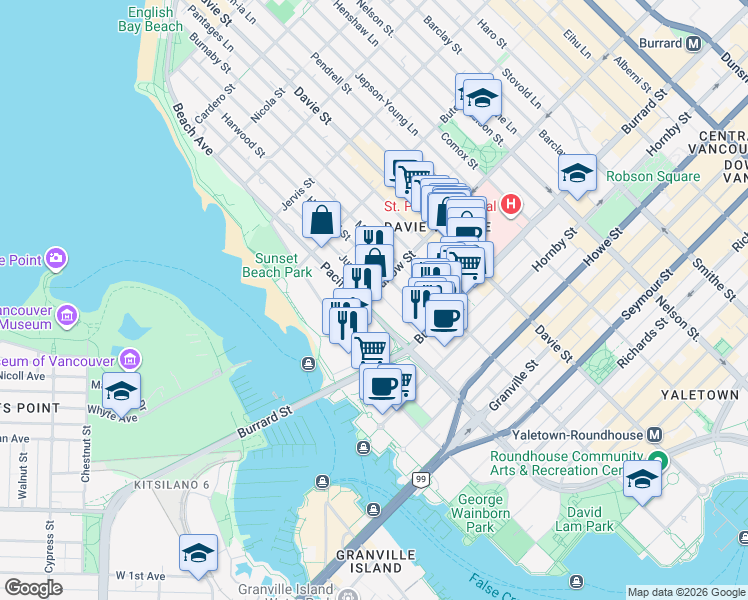 map of restaurants, bars, coffee shops, grocery stores, and more near 1386 Thurlow Street in Vancouver