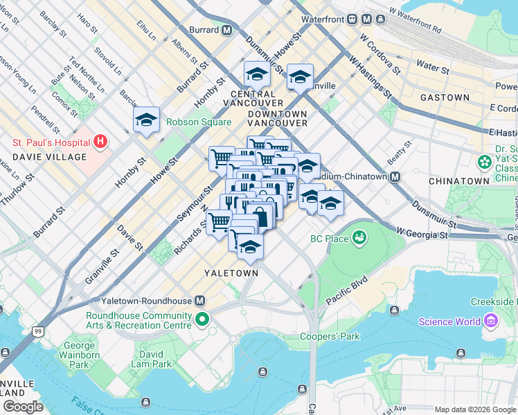 map of restaurants, bars, coffee shops, grocery stores, and more near 377 Smithe Street in Vancouver