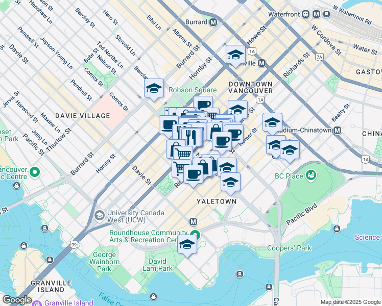 map of restaurants, bars, coffee shops, grocery stores, and more near 1004 Seymour Street in Vancouver