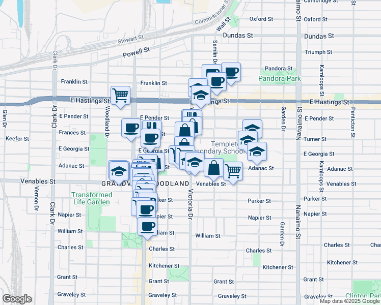 map of restaurants, bars, coffee shops, grocery stores, and more near 683 Victoria Drive in Vancouver