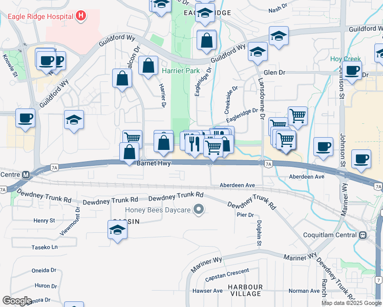 map of restaurants, bars, coffee shops, grocery stores, and more near 2635 Barnet Highway in Coquitlam