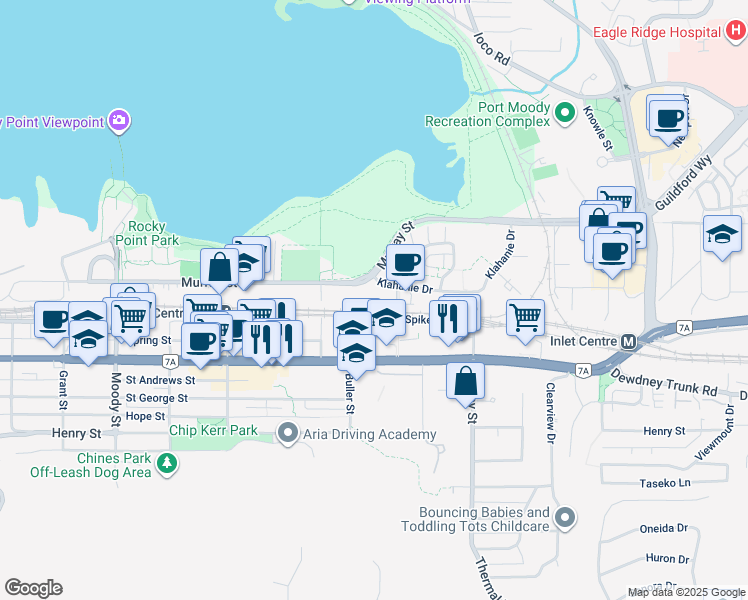 map of restaurants, bars, coffee shops, grocery stores, and more near 55 Klahanie Drive in Port Moody