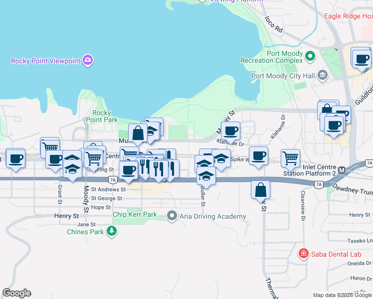 map of restaurants, bars, coffee shops, grocery stores, and more near 3075 Murray Street in Port Moody