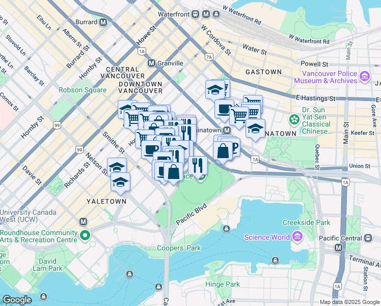 map of restaurants, bars, coffee shops, grocery stores, and more near Beatty Street in Vancouver