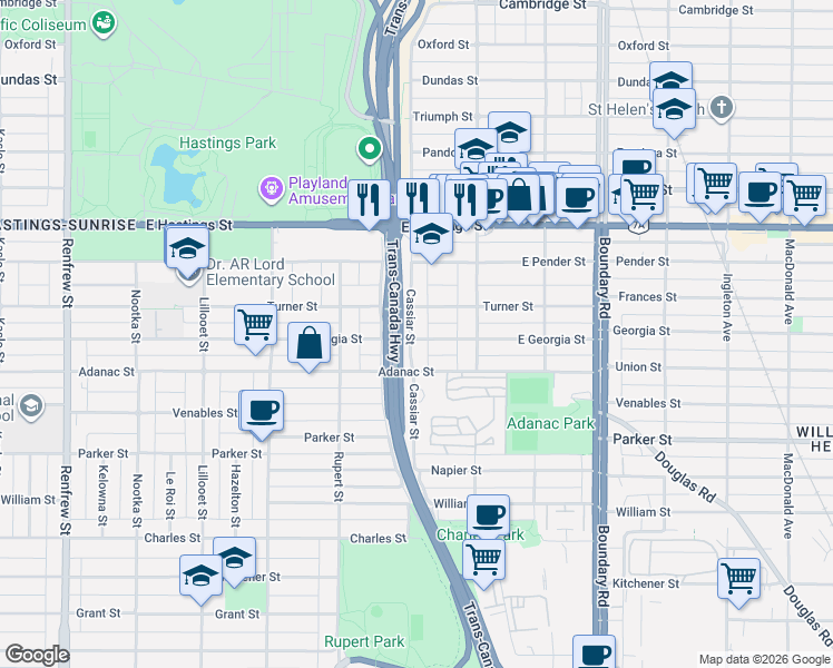 map of restaurants, bars, coffee shops, grocery stores, and more near 688 Cassiar Street in Vancouver