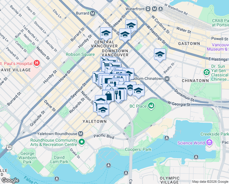 map of restaurants, bars, coffee shops, grocery stores, and more near 867 Hamilton Street in Vancouver