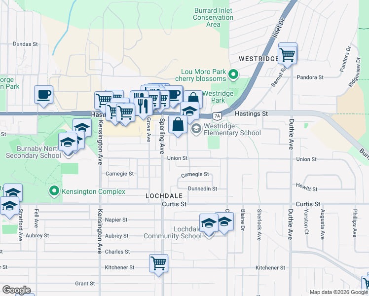 map of restaurants, bars, coffee shops, grocery stores, and more near 675 Duncan Avenue in Burnaby