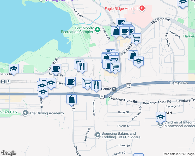 map of restaurants, bars, coffee shops, grocery stores, and more near 301 Capilano Road in Port Moody